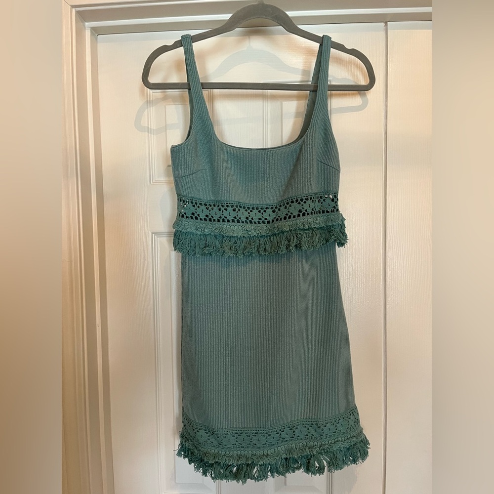 SAYLOR Teal Fringe Crochet Mini Dress